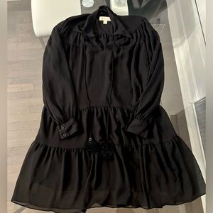 Chiffon long-sleeve tiered smock dress with neck tie with tassles